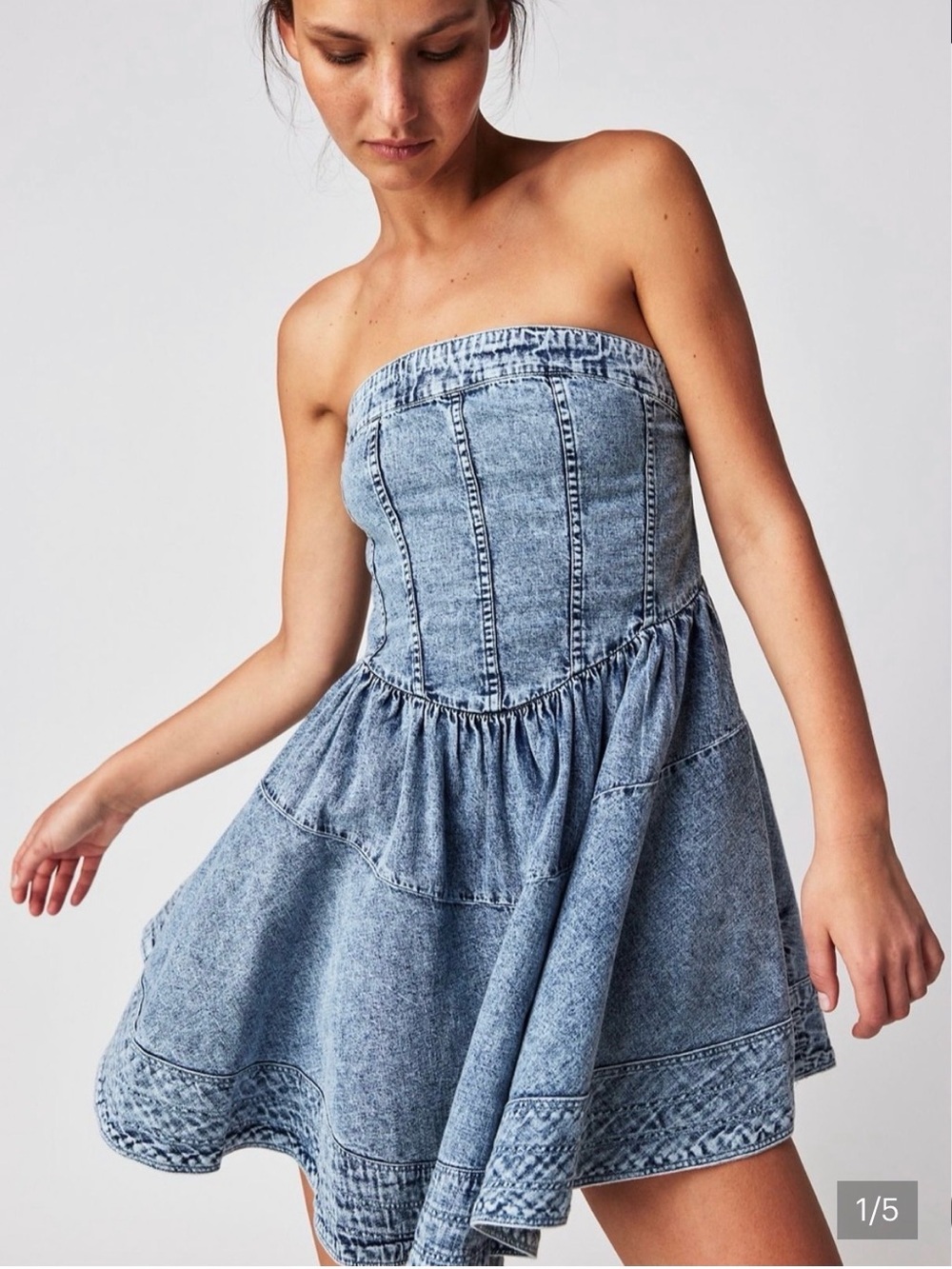 Free People Acid Wash Denim Strapless Mini Dress - Light Blue